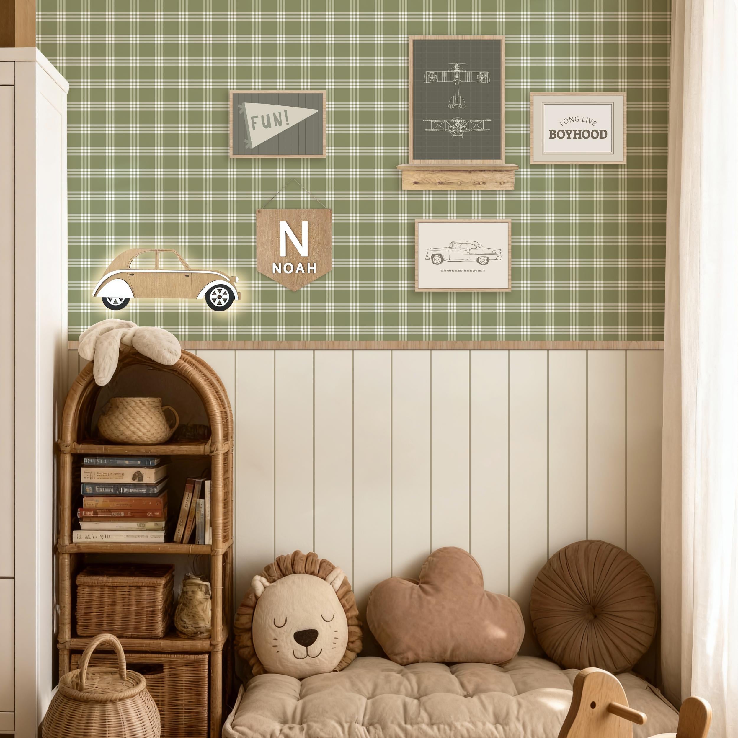 Vintage Car & Plaid Wall Decals 4-Piece Set for Playful Room Décor